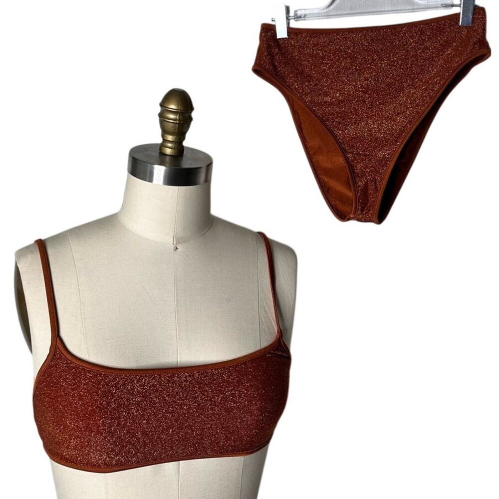 Tularosa Juno Metallic Copper Sparkle High Waist Bikini Set - Small